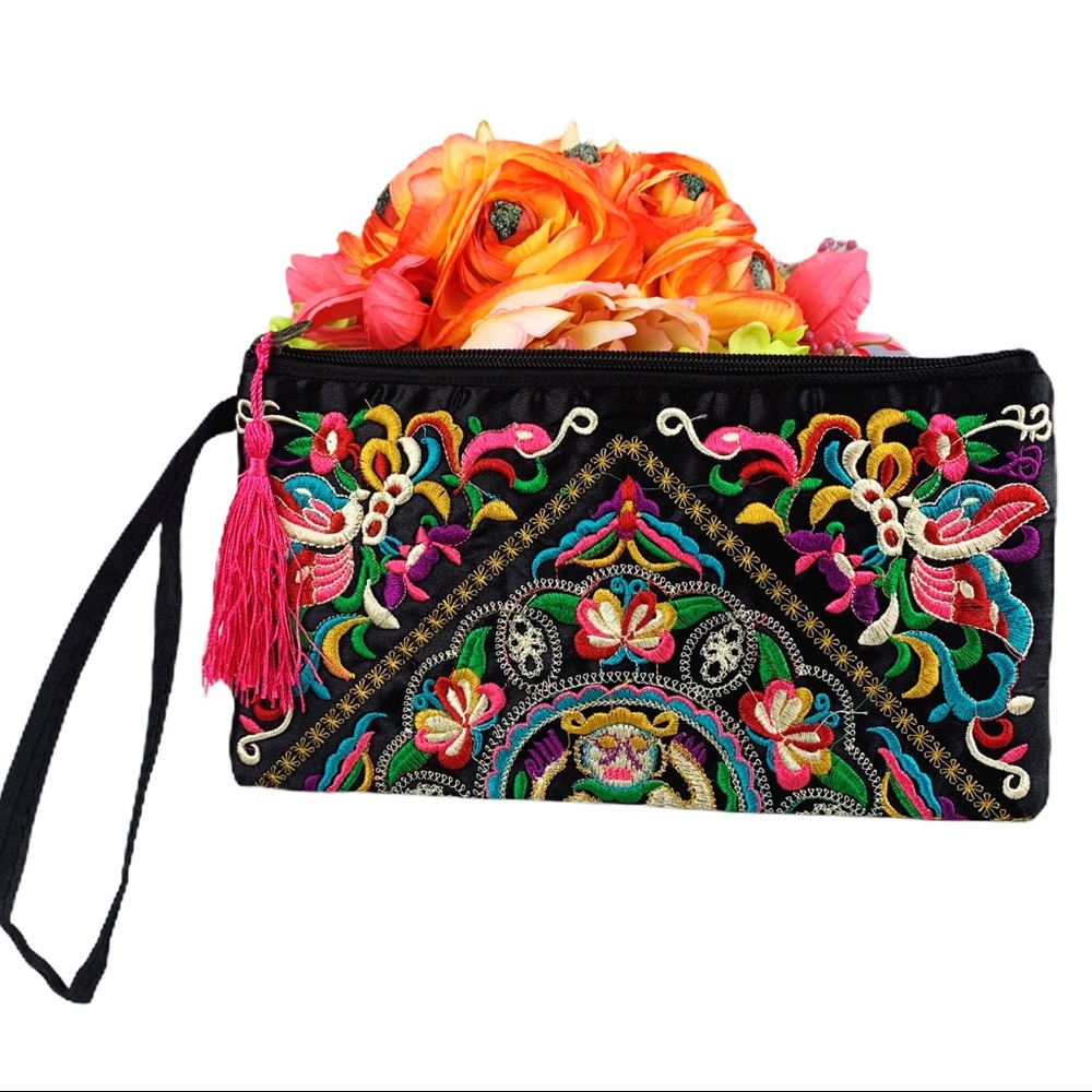 Colorful Floral Embroidered Pink Tassel Wristlet - Picture 13 of 15